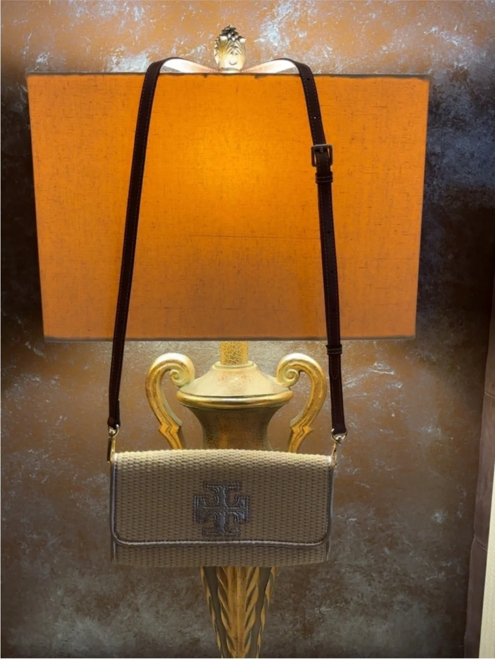 Cute Tory Burch Beige Woven Crossbody with Dark Brown Strap